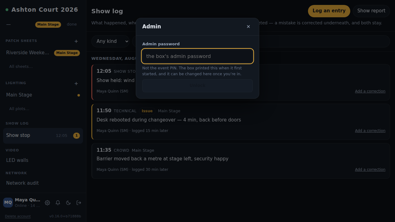 The unlock: the admin password, not the event PIN