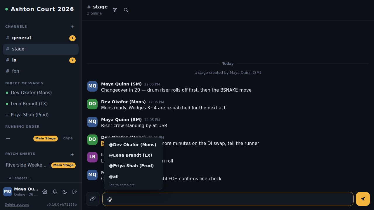 The @ mention picker open in the composer