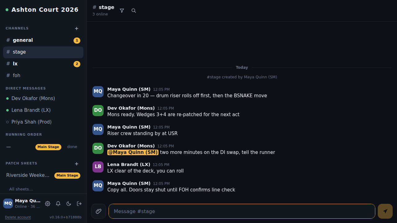 A changeover conversation in #stage, with a mention highlighted