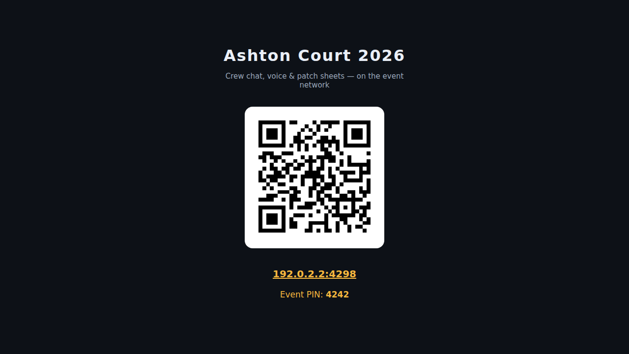 The /connect page: QR code, join link and event PIN