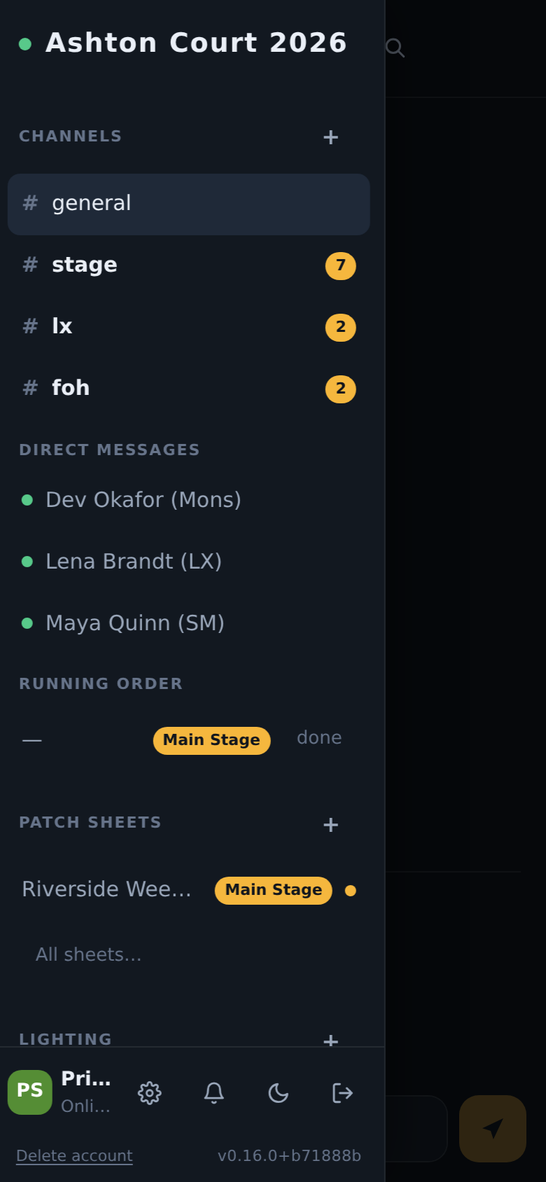 The drawer open over chat on a phone