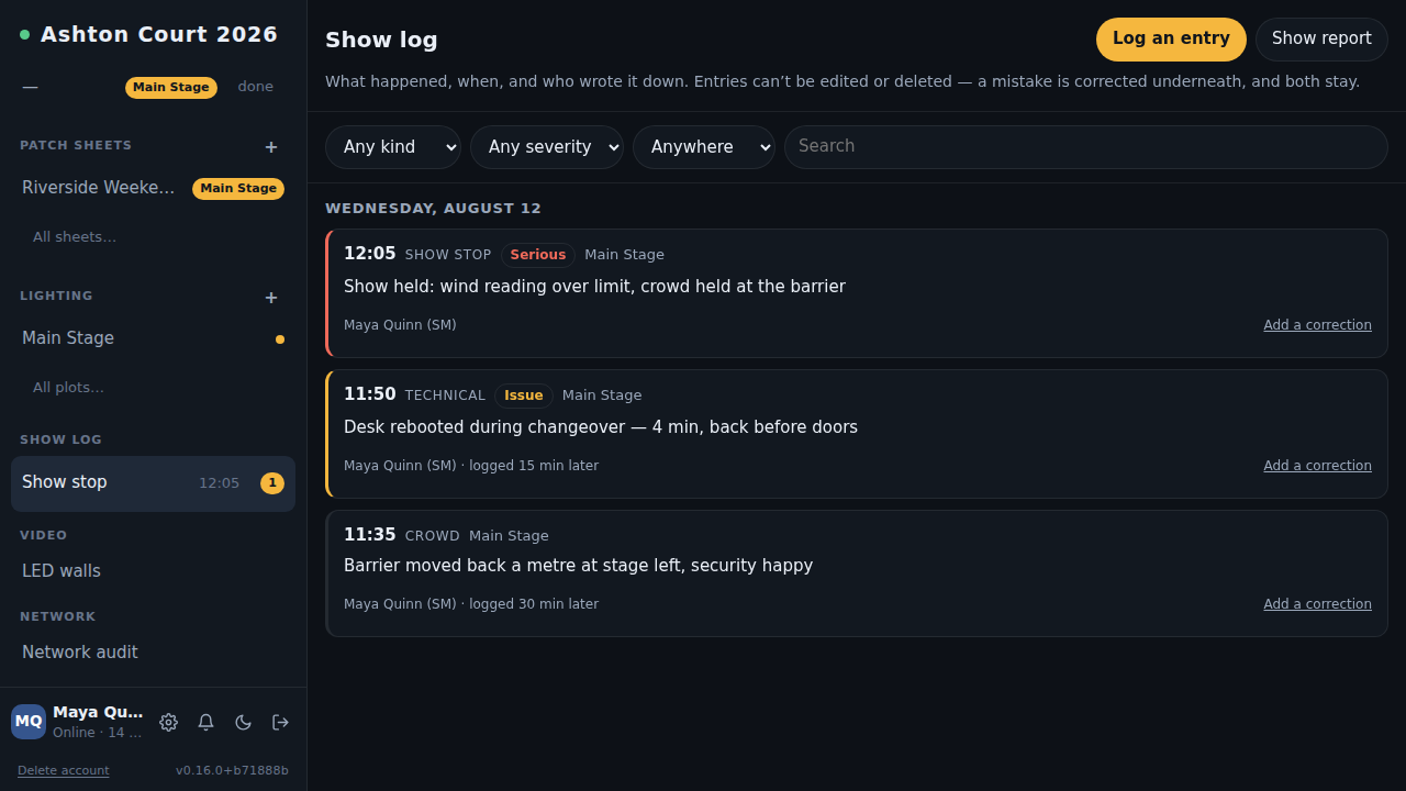 The show log, with a night's entries