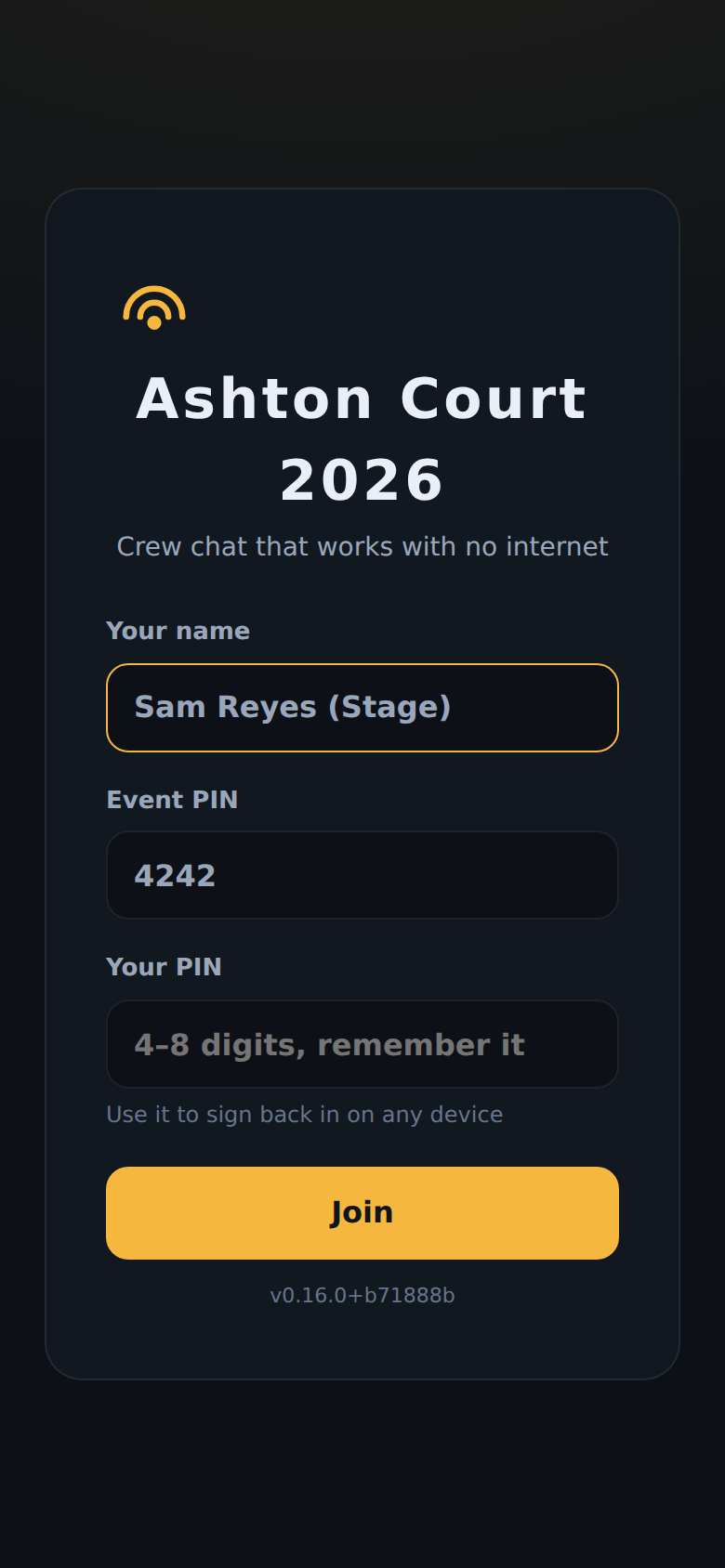 The join screen: name, event PIN, your PIN
