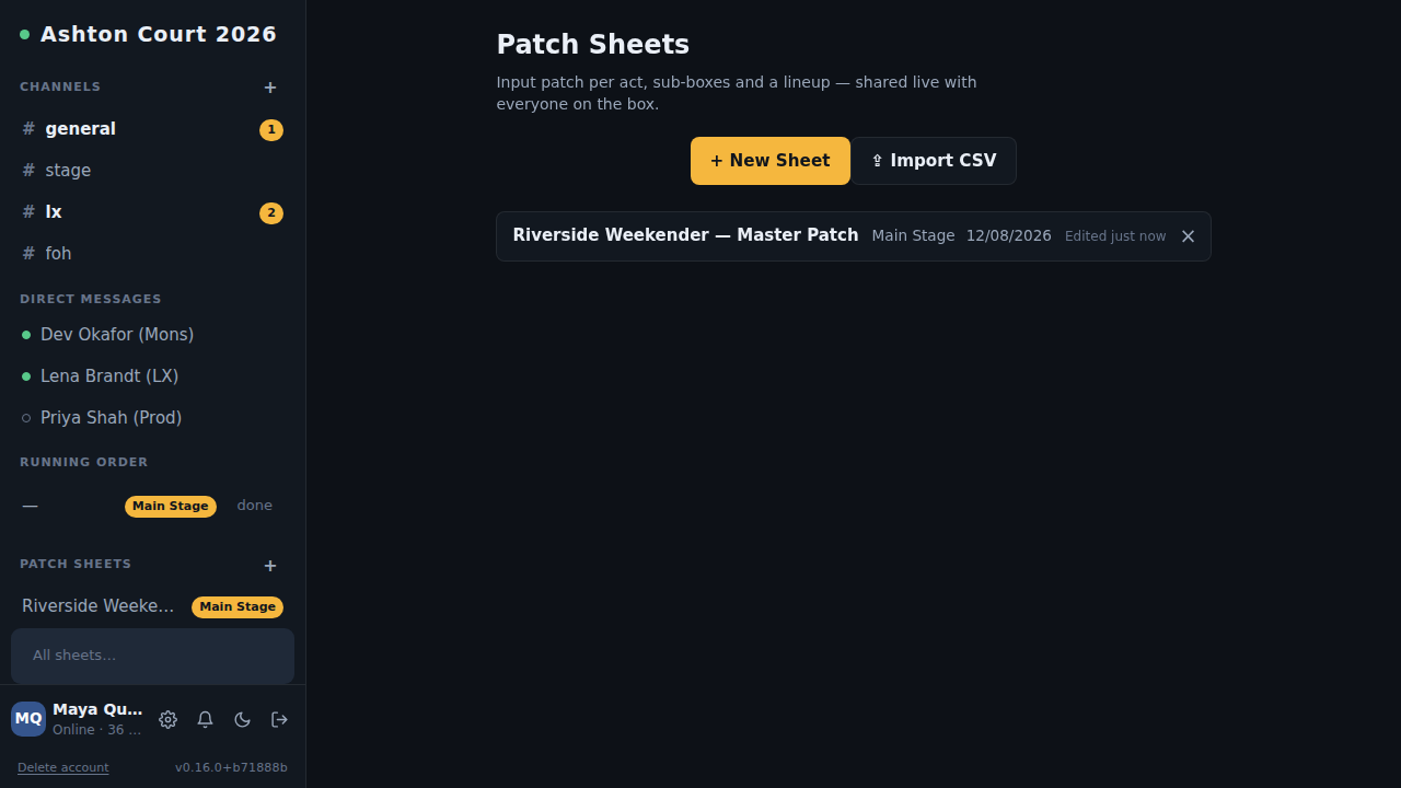 The sheet list, with a festival master patch imported