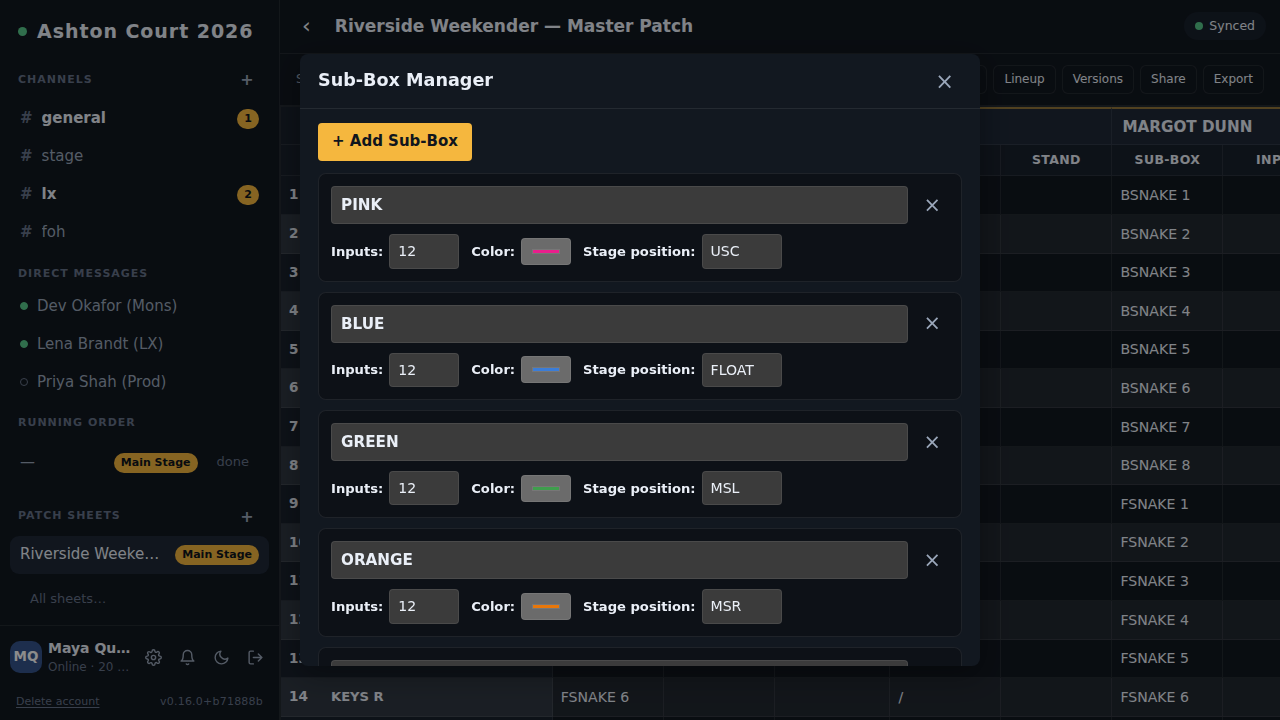 The sub-box manager: names, inputs, colours, stage positions