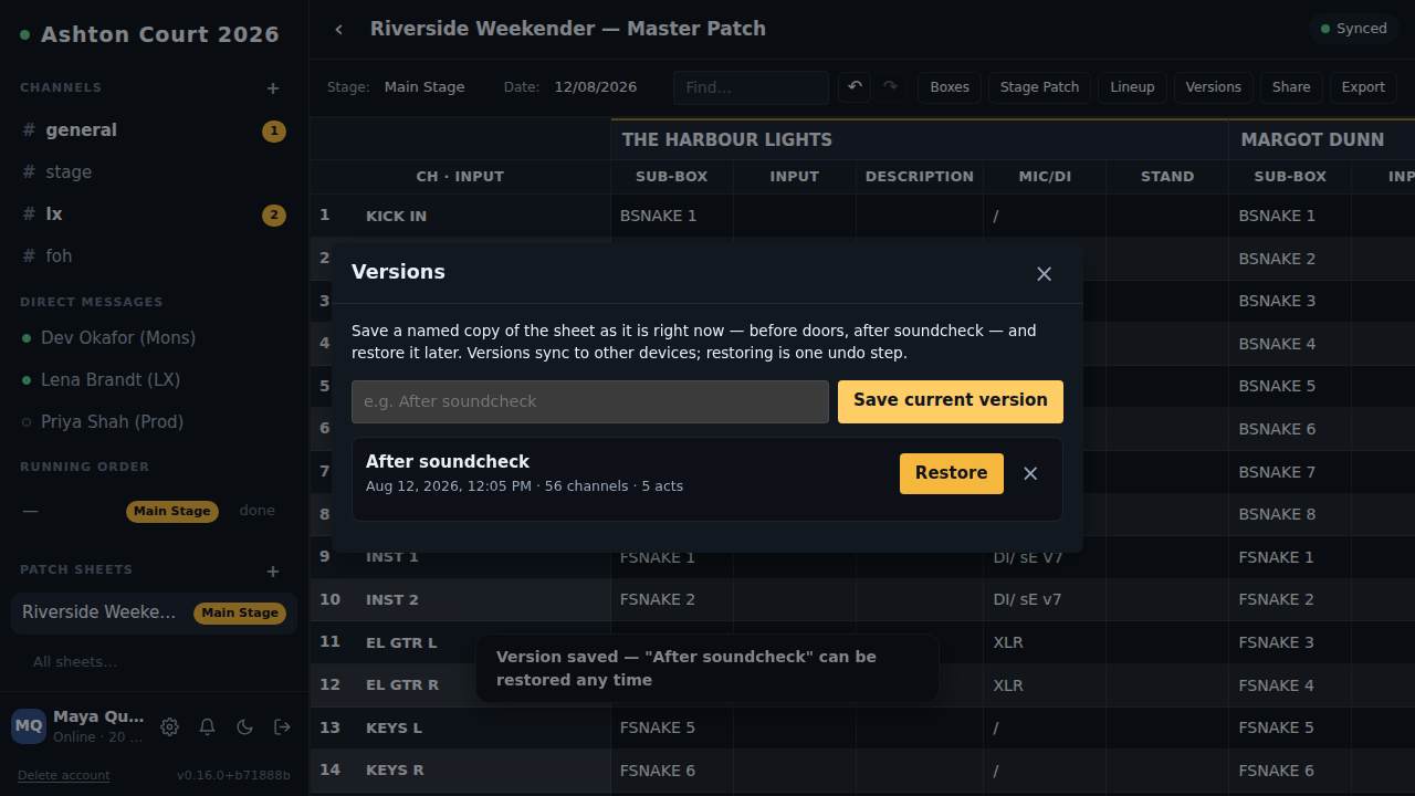 Named versions of a sheet, ready to restore